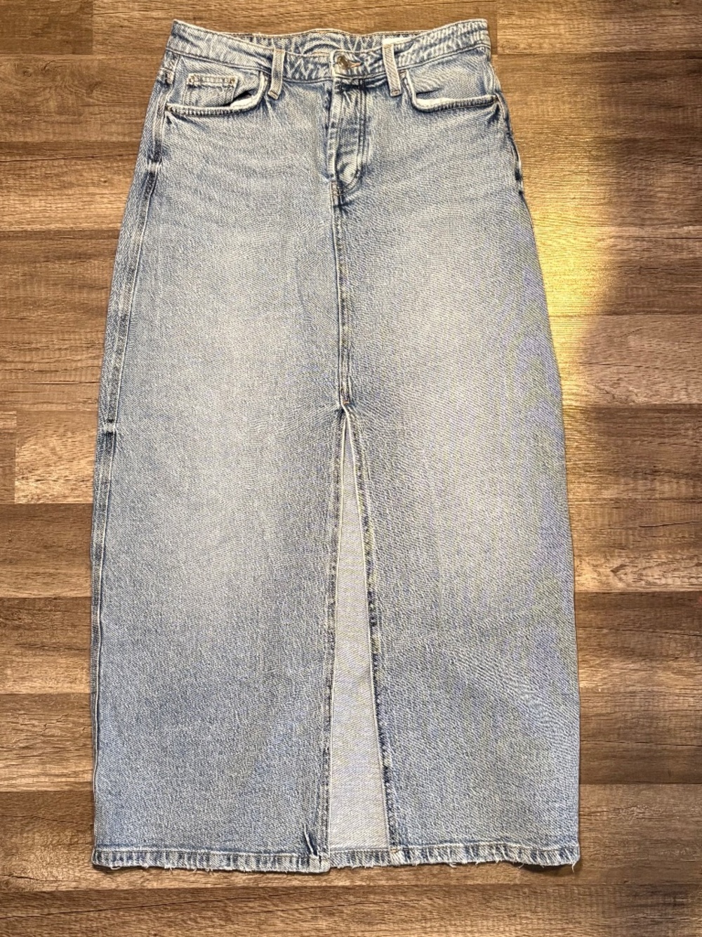 Zara Denim Maxi Skirt Small Light Wash High Rise Front Slit 100% Cotton